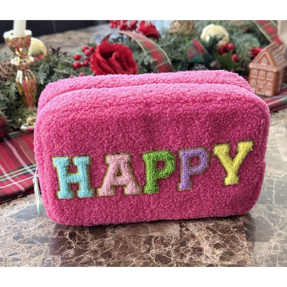 Festive Voice Sherpa Zippered Pouch - Pink "HAPPY" Cosmetic/Travel Bag (NWT)